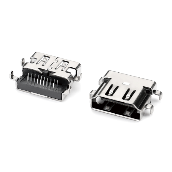 2.8 HDMI 19Pin 母座 卧式 反向DIP  CL0.6mm 四脚插板 L=10.60mm